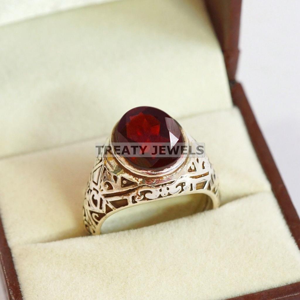 Garnet Oval Cut Gemstone With 925 Sterling Silver Ring For Men's #B72 JL375671368817