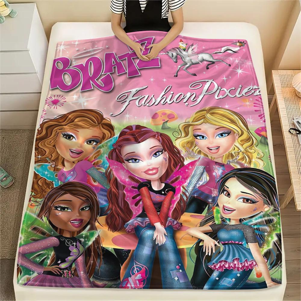 1Pc Bratz Doll Print Flannel Blanket, High quality Comfortable for All Seasons, Home Decor, Warmth and Comfort, Perfect for Gifts