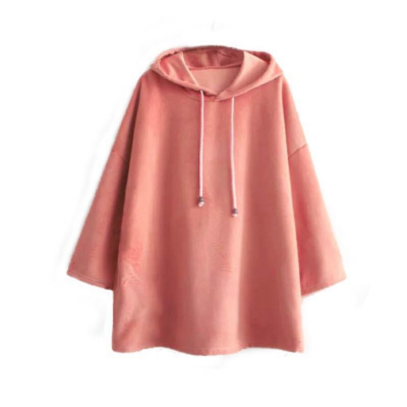Свитер женский осенне-зимний в стиле Харадзюку однотонный с капюшоном бархатный плотный свободный топы M розовый 1198₽