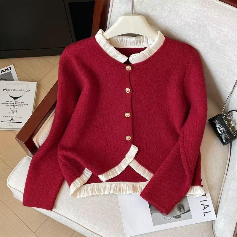 

Autumn and winter new fashion fungus edge knitted cardigan round neck commuter versatile top women S/75-89 червоний