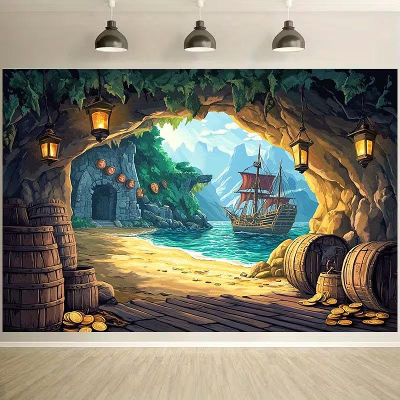 2D Cartoon Seaside Sailboat Background for Children Pirate Costume Party Decoration