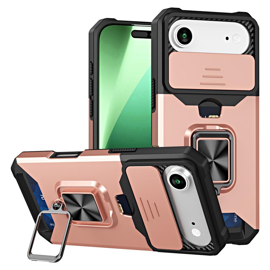 For iPhone 17 Air Case Kickstand Slide Lens Lid PC+TPU Phone Cover with Card Slot