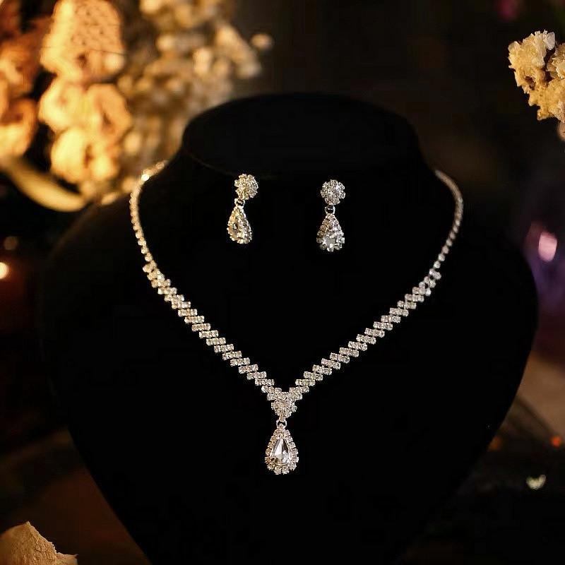 Simple Water Drop Crystal Rhinestone Necklace Earrings For Women Wedding Bride Zircon Sets Accessories