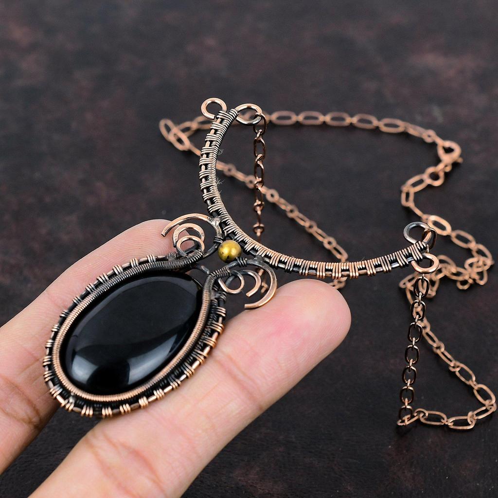 Black Onyx Necklace Copper Wire Wrapped Necklace Adjustable Necklace Copper Wire Wrapped Jewelry Gemstone Handmade Necklace Jewelry For Gift