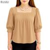 ZANZEA Women Square Collar Summer Casual 3/4 Sleeve Solid Blouse