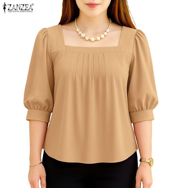 ZANZEA Women Square Collar Summer Casual 3/4 Sleeve Solid Blouse