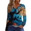 Women's Halloween Print V-Neck T-Shirt with Decorative Buttons Long Sleeve Casual Top