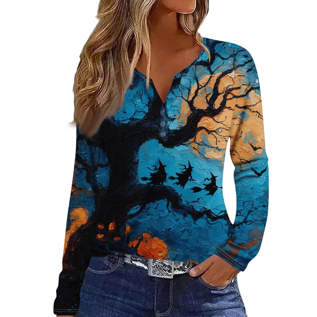 Women's Halloween Print V-Neck T-Shirt with Decorative Buttons Long Sleeve Casual Top