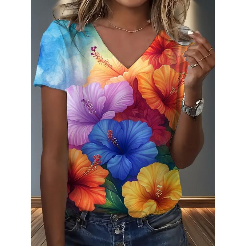 Womens V-Neck Loose Fit Short Sleeve T-Shirt With Colorful Geometric Starry Print Casual Top