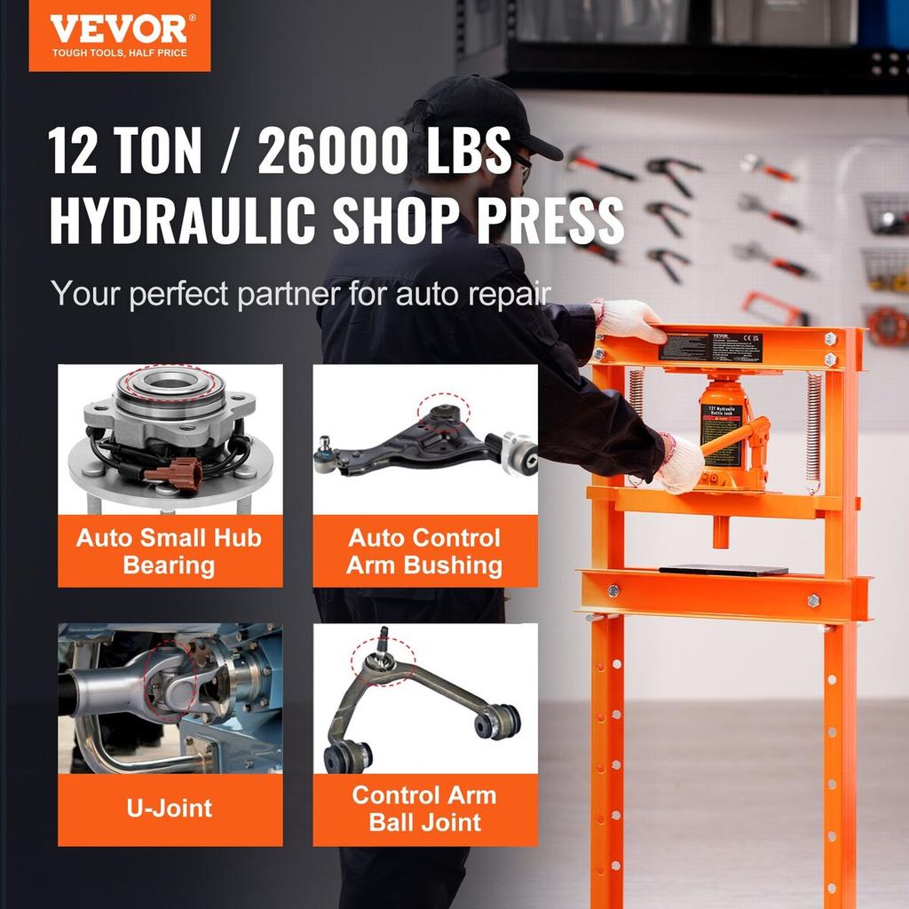 Hydraulic, 12 Ton H-Frame Floor, Stamping Plates, Adjustable Working Table Height for Bending or Straightening Metal, Garages, or Homes Shop Press,