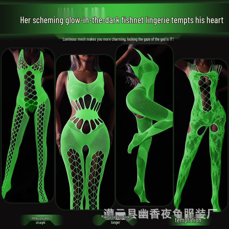 Linlinting Plus Size Glow-in-the-Dark Fishnet Bodystocking with Luminous Bandeau and Socks