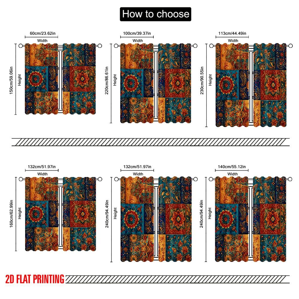 2D Flat Printing 2pcs Window Curtains Bohemian Patchwork Polyester Without Electricity Holiday Decorations Use for New Year