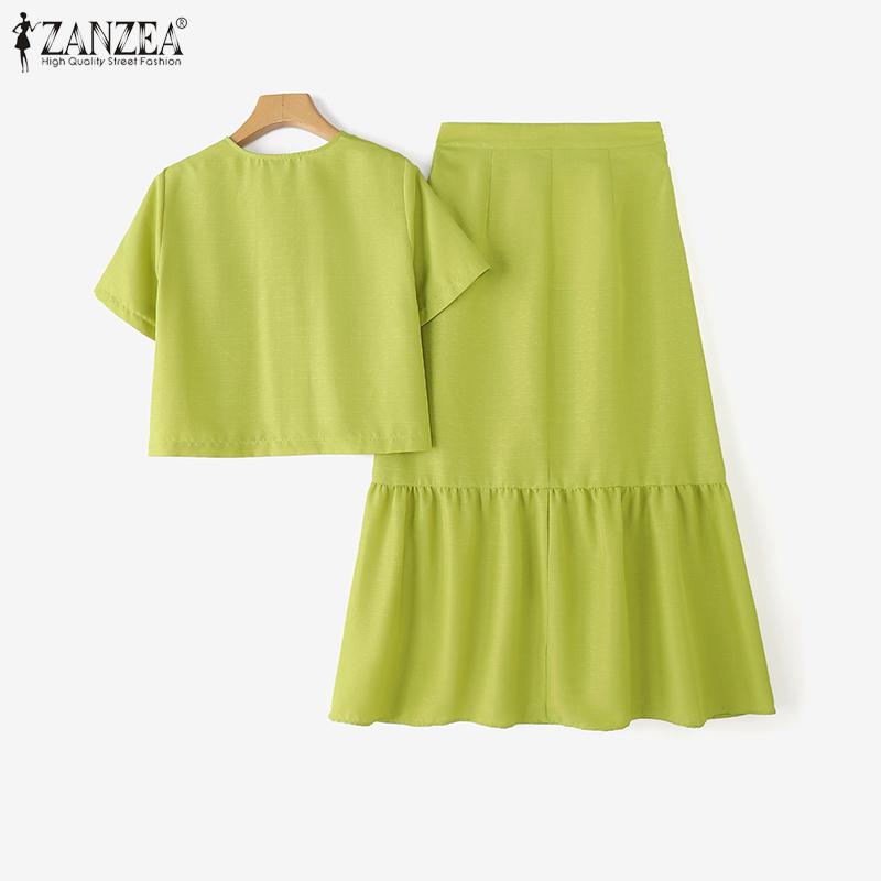 ZANZEA Two Pieces Women Sets Short Sleeve Crop Blouse and Long Skirts Outfits 
