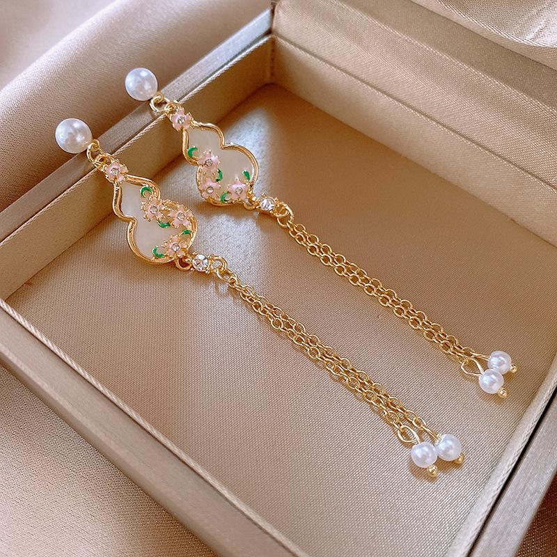 New Chinese style diamond-encrusted gourd flower pearl fringed stud earrings personalized earrings Guochao retro earrings women
