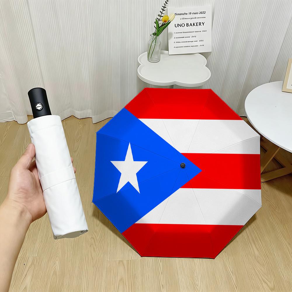 Puerto Rico Flag Red White Horizontal Stripes with Blue Triangle and White Star Print Auto Folding Umbrella Waterproof Windproof