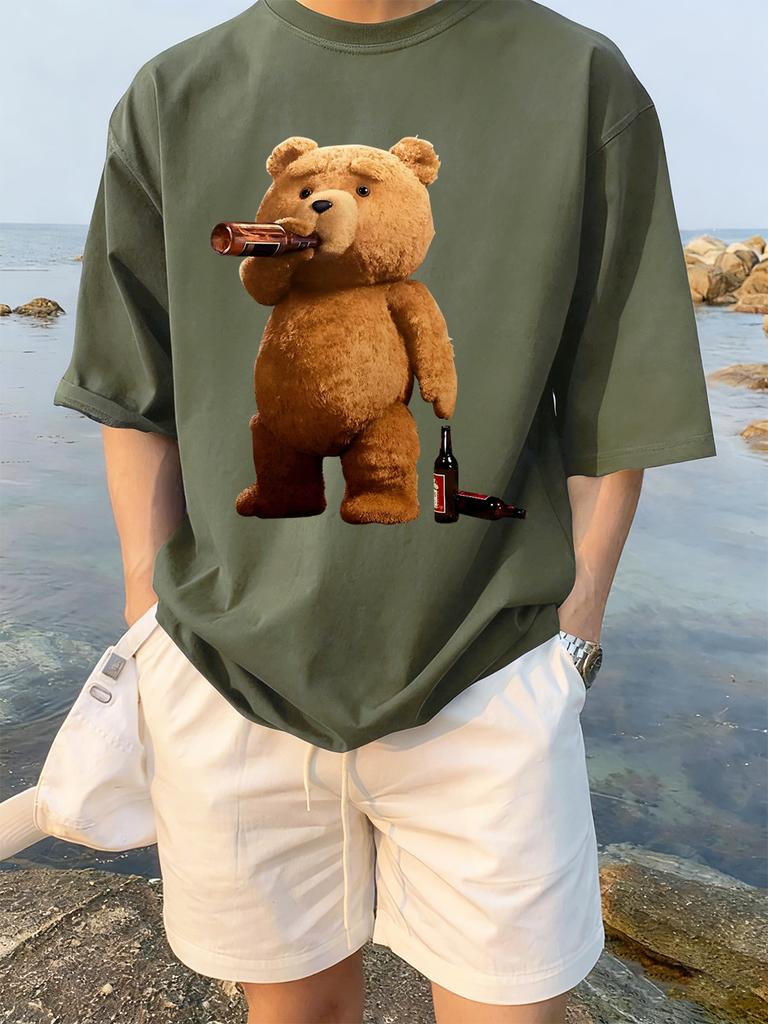 The Melancholic Bear Drinking Printing TShirt Women Cotton Summer T Shirt Comfortable Loose ONeck Tops Street Woman Clothes