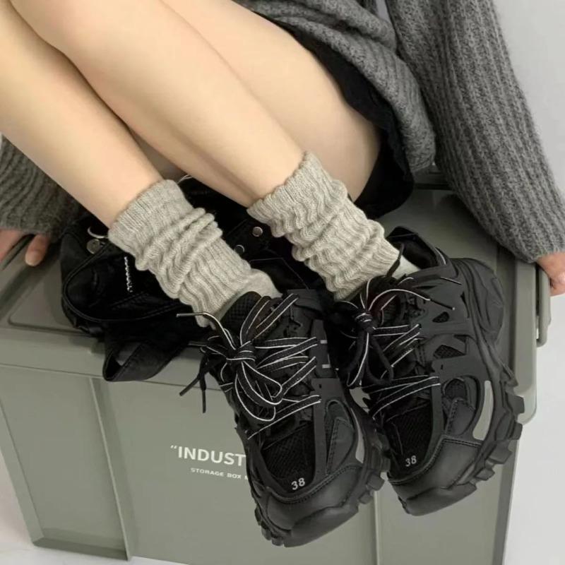 Women Knitted Long Socks Girls Casual Black White Solid Loose Crochet High Tube Lolita Cotton Boot Cuffs Ruffles Socks