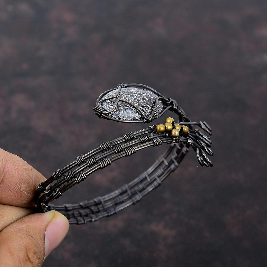 Dinosaur Bone Bangle Copper Wire Wrapped Cuff Bracelet Handmade Adjustable Bangle Copper Wire Wrap Jewelry Gemstone Bangle Anniversary Gift