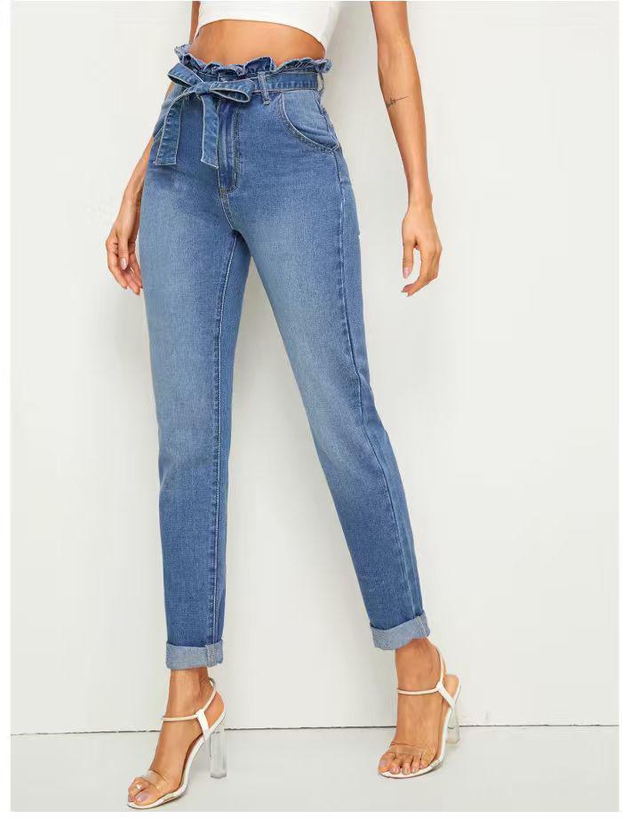 Sky Blue Bowknot Drawstring Women s Denim Jeans with Rolled Hem Medium