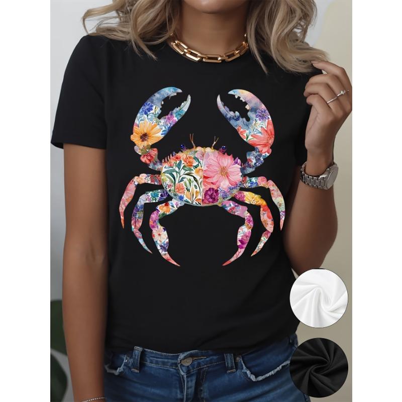 European Size Women's Crab Print T-Shirt - Summer Casual Short Sleeve Round Neck Top Suitable for Casual Attire & Gifts, Crab Blouse