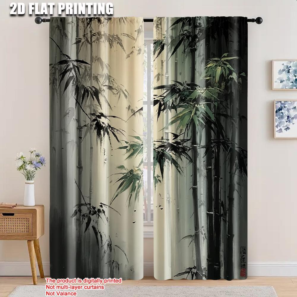 

2Pcs 2D Flat Printing Curtain Bamboo 100% Polyester Without Electricity Spring Party & Holiday Decor Perfect For Aesthetic Room 53x116cm 2pc&Without mount