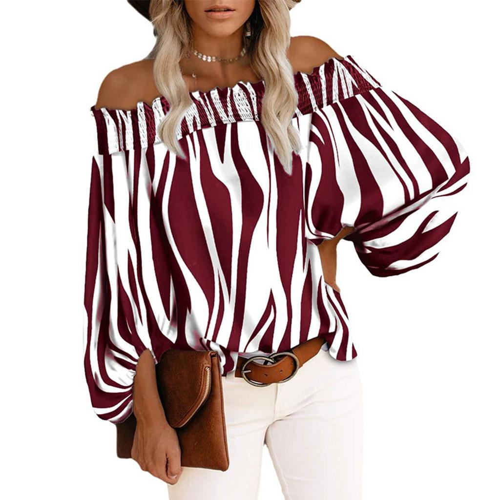 Women's Casual Striped Print Sexy One-Shoulder Long-sleeved Chiffon Shirt
