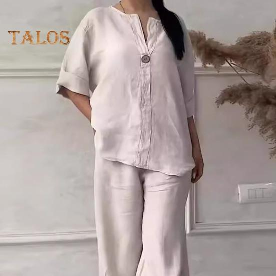 2 pièces/ensemble chemisier pantalon ensemble col en V manches longues bouton décor haut jambe large cordon de serrage taille élastique pantalon OL Commute décontracté tenue de maison