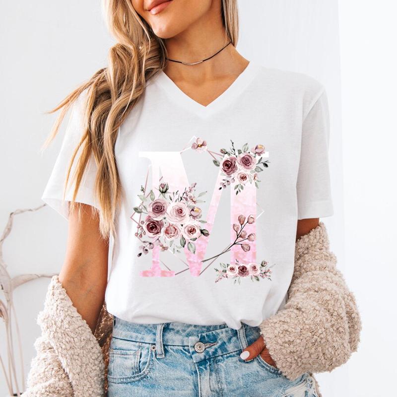 New Unisex T Shirt AZ Name Letter Print Short Sleeve Tee Letters ABCD Casual Tops Tees Floral Initial Unisexs VNeck TShirt