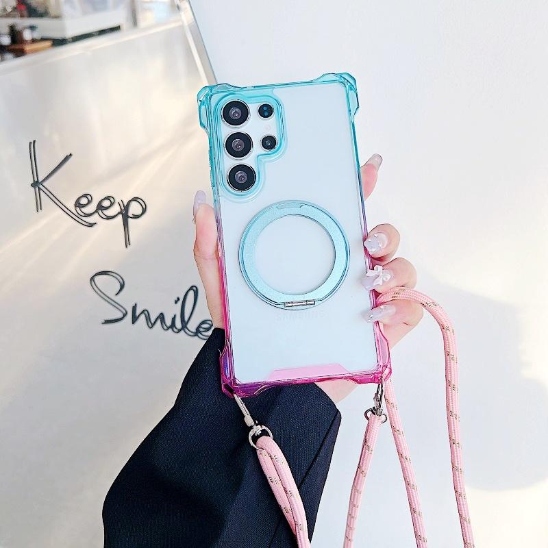 

Gradient Case For iPhone 16 Pro Max 17 Air 16E 12 13 14 15 360 Ring Holder Magnetic Lanyard Four Corners Shockproof Strap Cover for iPhone 16