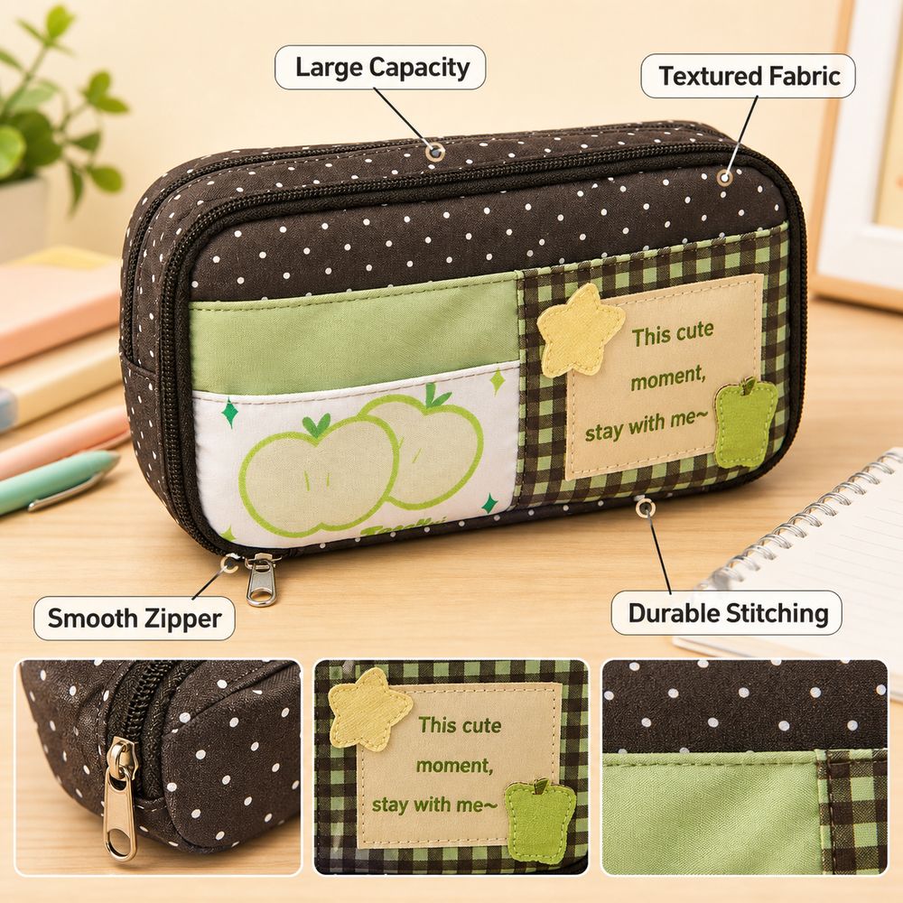 Polka Dot Zipper Pencil Pouch Patchwork Style Pen Storage Bag  Everyday Storage