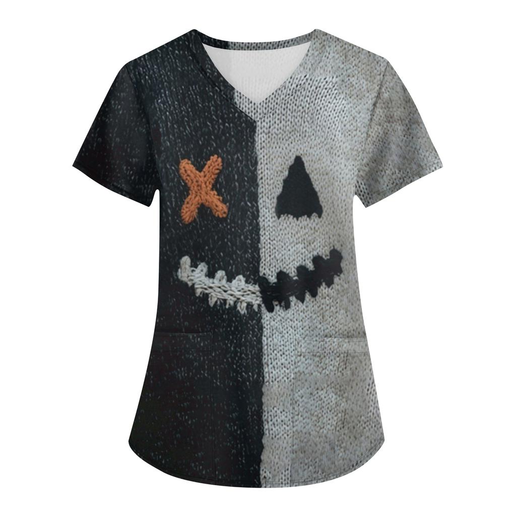 Women's Printing Uniform Work Uniform V-neck Pockets Basic Short Sleeve Pullover Top