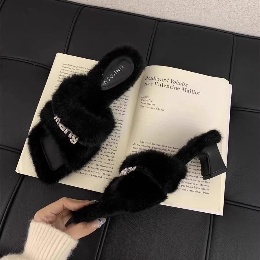 Thick heel fluffy slippers women's outer wear 2025 new spring and autumn high-end temperament gentle fairy style high heels cotton drag