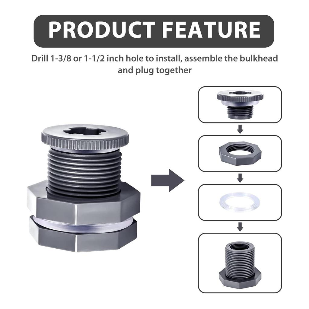3/4 Inch PVC Tank Adapter Bulkhead Fitting Durable Threaded Connector With Cap For Ponds And Water Tanks