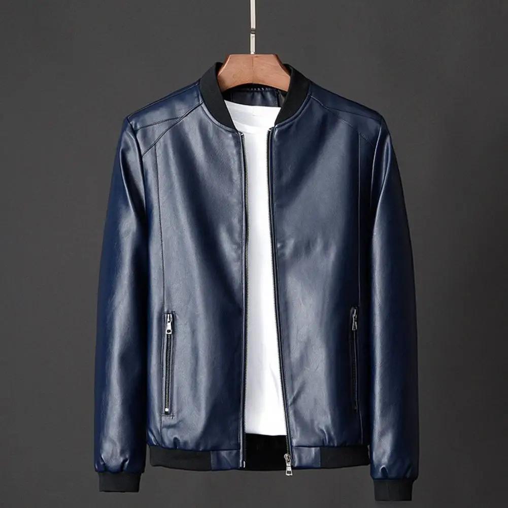 Men's Jacket Fashionable Men's Faux Leather Motorcycle Jacket Windproof Stand Collar Zipper Closure Pocket Autumn and Winter Soft Men