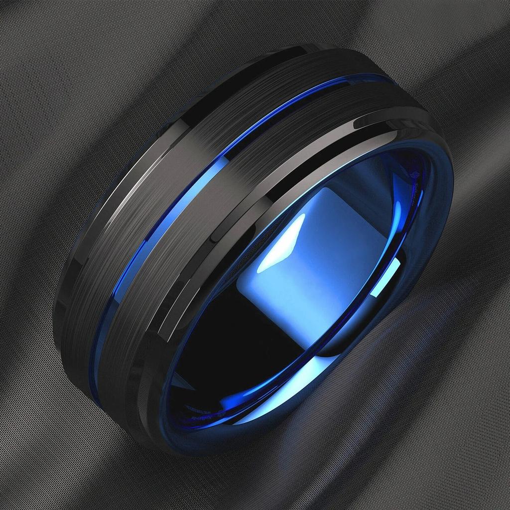 Fashion 8mm Stainless Steel Rings For Men Women Blue Groove Step Edge Black Brushed Engagement Rings Wedding Anniversary