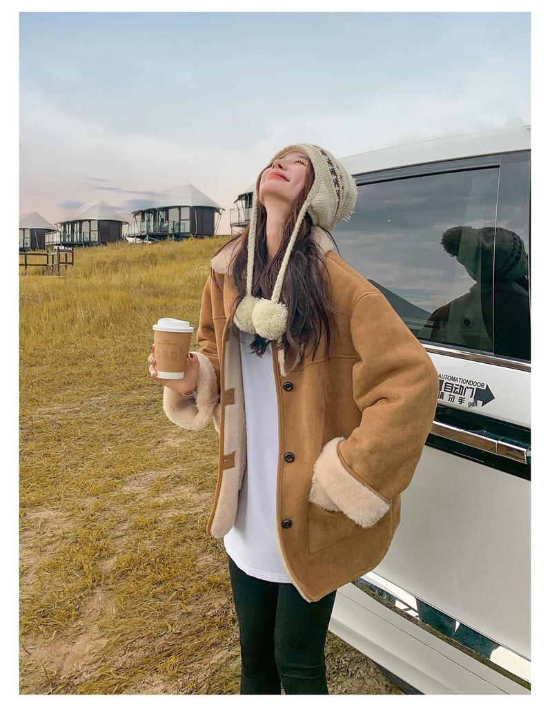 Korean Style Double-Sided Suede Jacket - Women's Winter 2026 Thick Lambswool and Leather Top