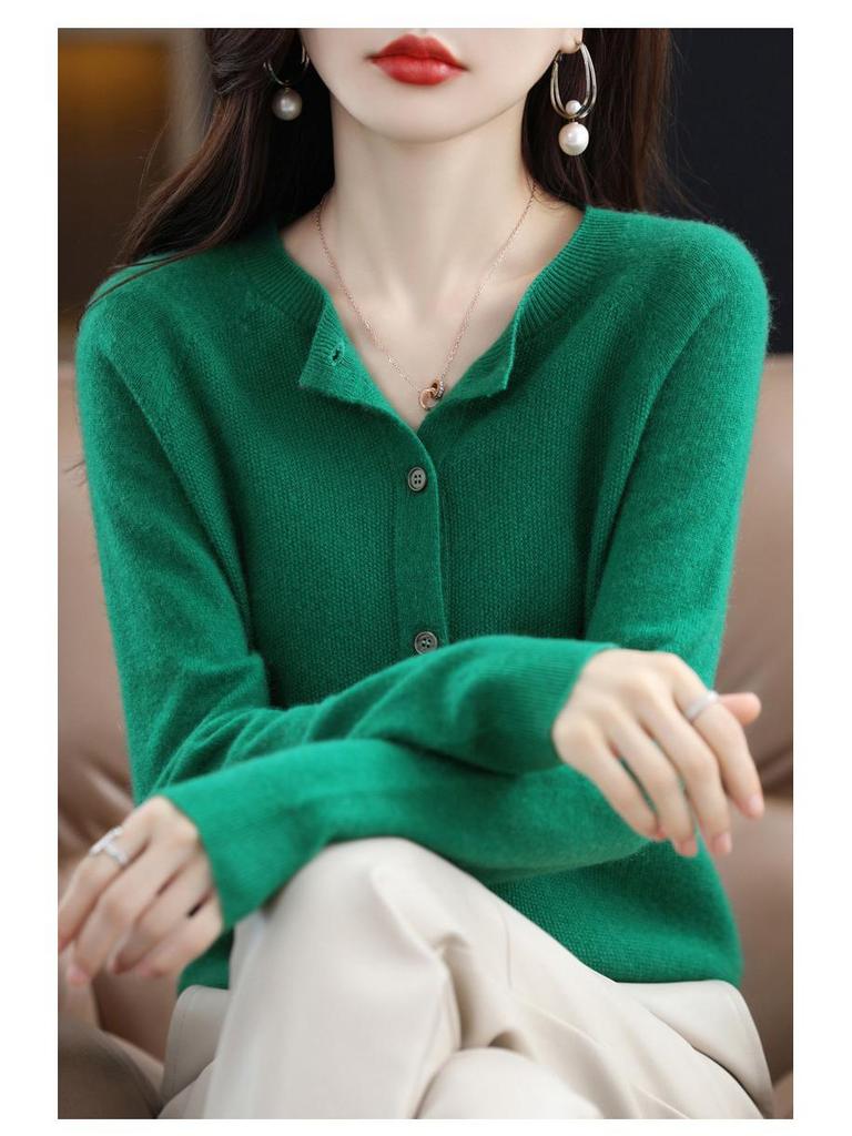 Women's 100% Wool Solid Color Cardigan Sweater - Autumn Collection