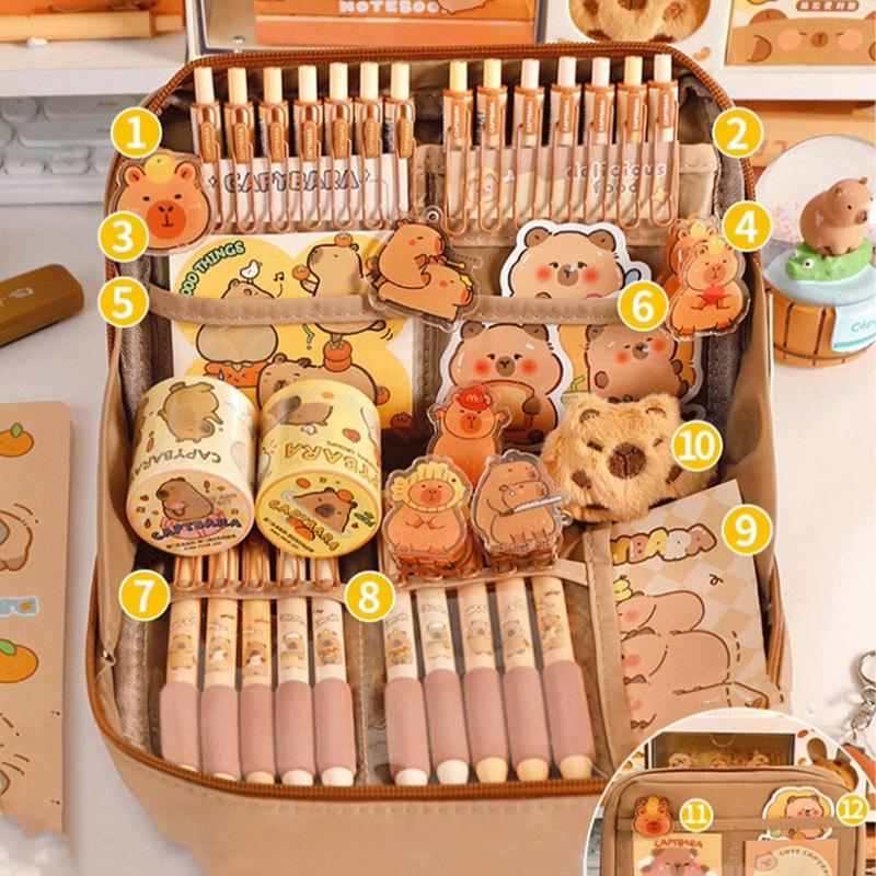 Capybara Stationery Set Cute Pencil Case With Pens Clips Rulers Sticky Note 10-Color Ballpoint Pen Pencil Organizer For Students