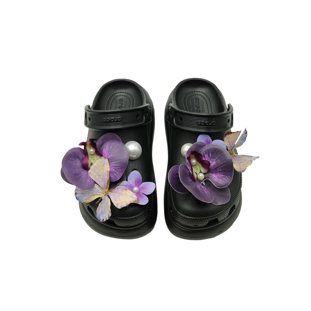 Crocs Crush Clog Puffs Lankong Guyou EVA Bionic Flower Atmosphere Fashion Personality Hole Shoes Unisex Black