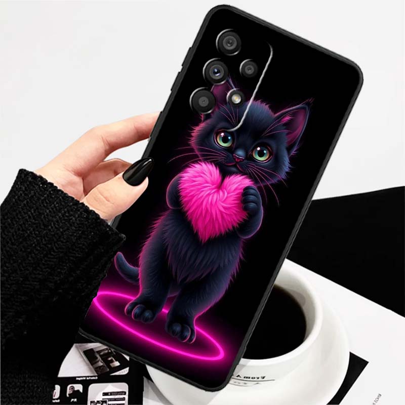 Anime cartoon cat illustration For Samsung A73 A72 A71 A55 A54 A53 A52 A51 A13 A22 A16 A15 A12 A14 A26 A07 5G Black Phone Case