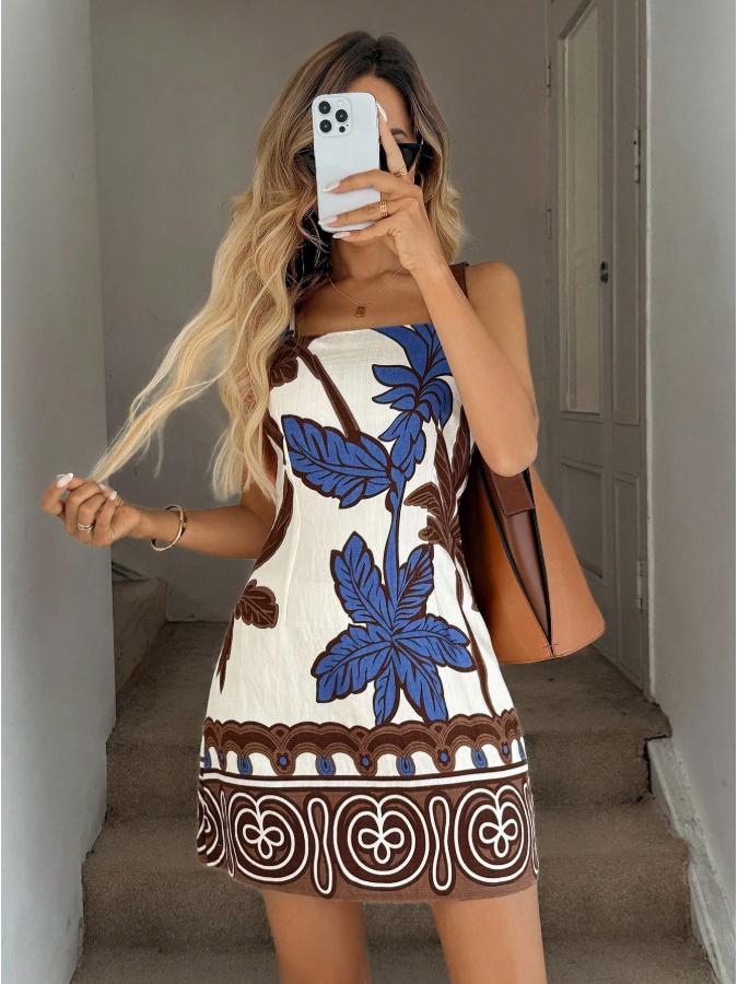 

European Floral Print Contrast Color Loose Strap Dress Large