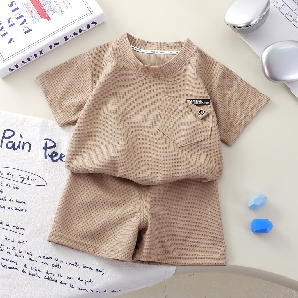 0-9 Years Children's Waffle Short-sleeved Suit Summer Casual Sportswear Boys and Girls 2pcs Clothing Set