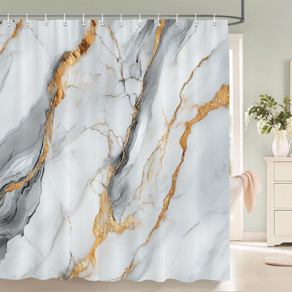 Abstract Marble Pattern Shower Curtain, Geometric Printed Bathroom Decorative Shower Curtain, Fabric Home Curtain with Hooks