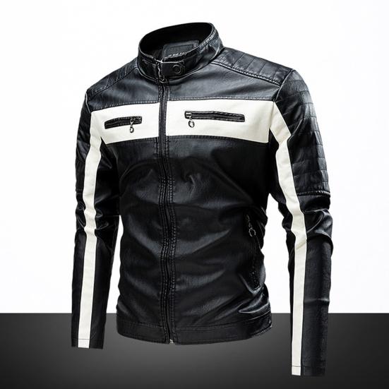 Men Jacket Color Block Slim Windproof Faux Leather Stand Collar Outerwear for Working