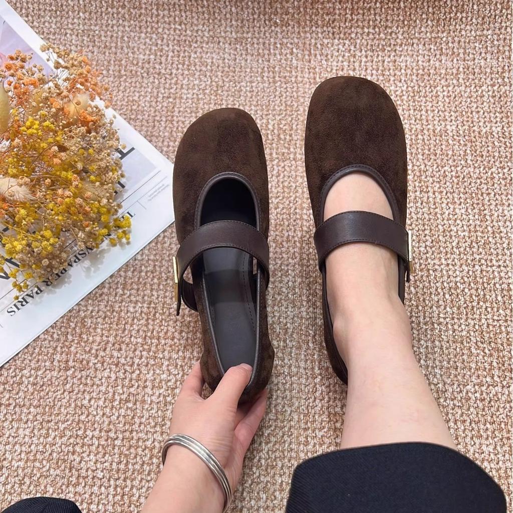 Sheepskin version~ round head hollow word with simple Mary Jane shoes women's versatile inner height increase French shallow mouth small single shoes