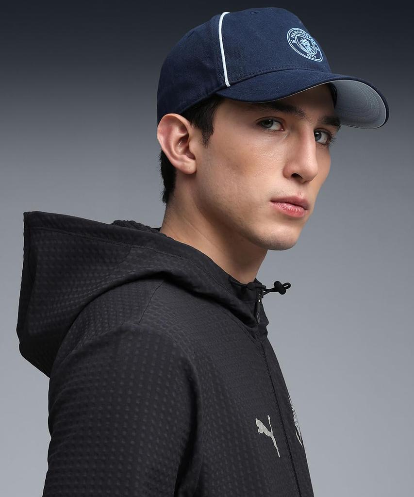 PUMA MCFC KING Soccer Football Cap 2025 Light Blue Men's (German Bundesliga) 026502, Fall/Winter Colors, Navy/Team (04)