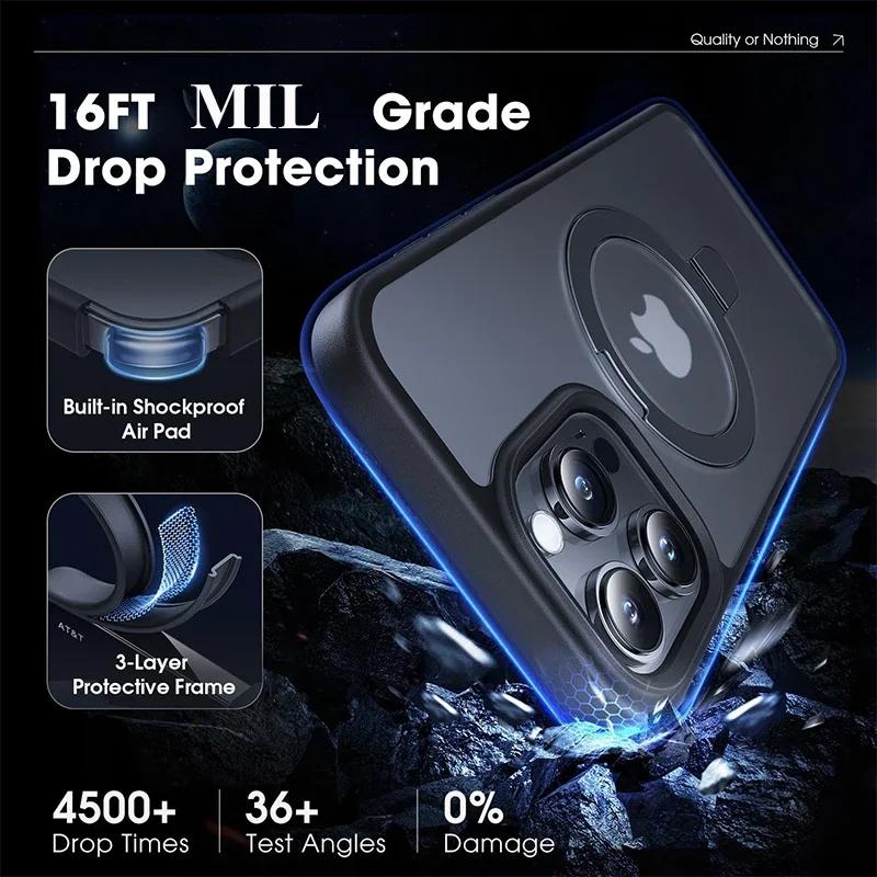 Metal Ring Stand Magnetic Phone Case For iPhone 16 13 12 17 Pro Max 14 15 Plus For Magsafe Matte Protector Cover With Lens Glass