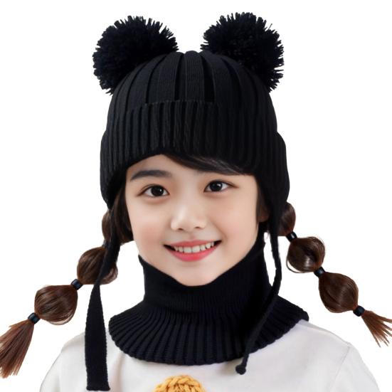 2Pcs/Set Children Winter Hat Scarf Set Plush Ball Decor Solid Color Plush Lining Knitting Hat Warm Neckerchief Set