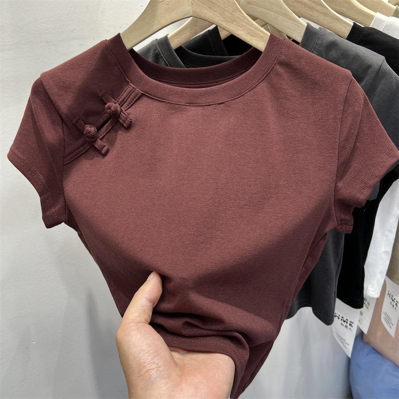 Chinese Style Summer T Shirts Women Crop O Neck Gentle Buttons Soft Designed Short Sleeve Pure College Retro
