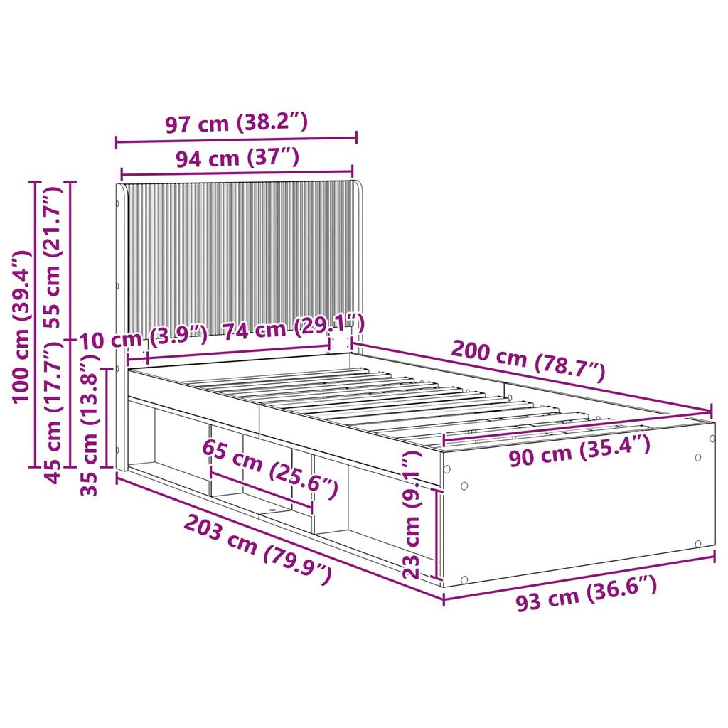 Bed Frame with Storage Space and Headboard Black 90 X 200 Cm